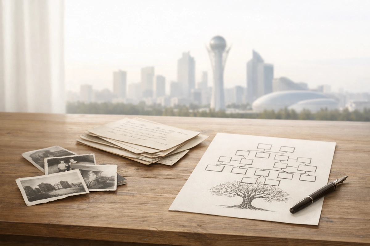 Семейные архивные фотографии и письма на деревянном столе с родословным древом, символ связи поколений и семейной истории