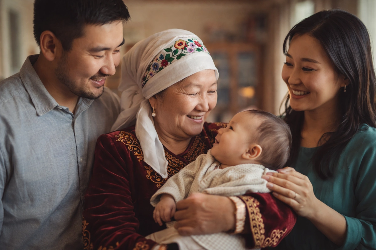 Казахстанская семья нескольких поколений — бабушка с внуком на руках, родители рядом