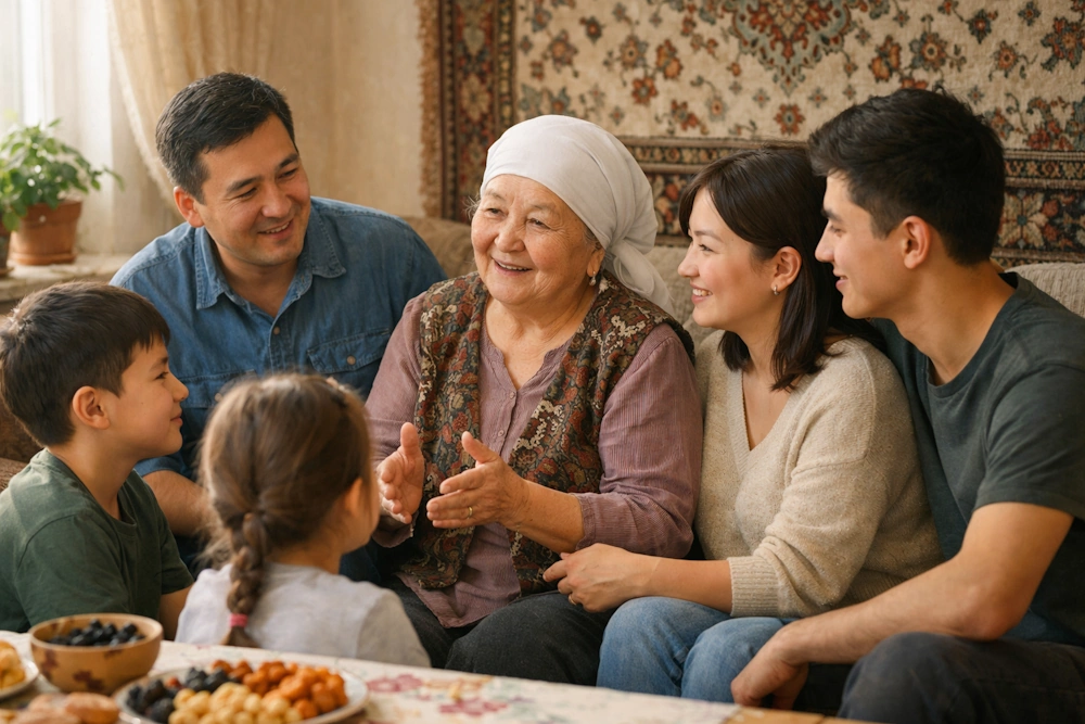 Семейный разговор нескольких поколений в тёплой домашней обстановке